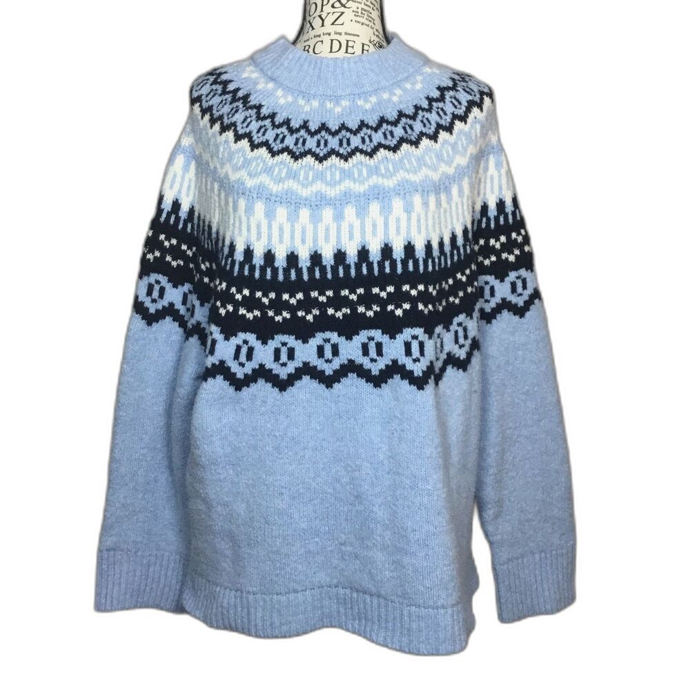 Blue knit Fair Isle sweater black white geometric pattern cozy comfortable S